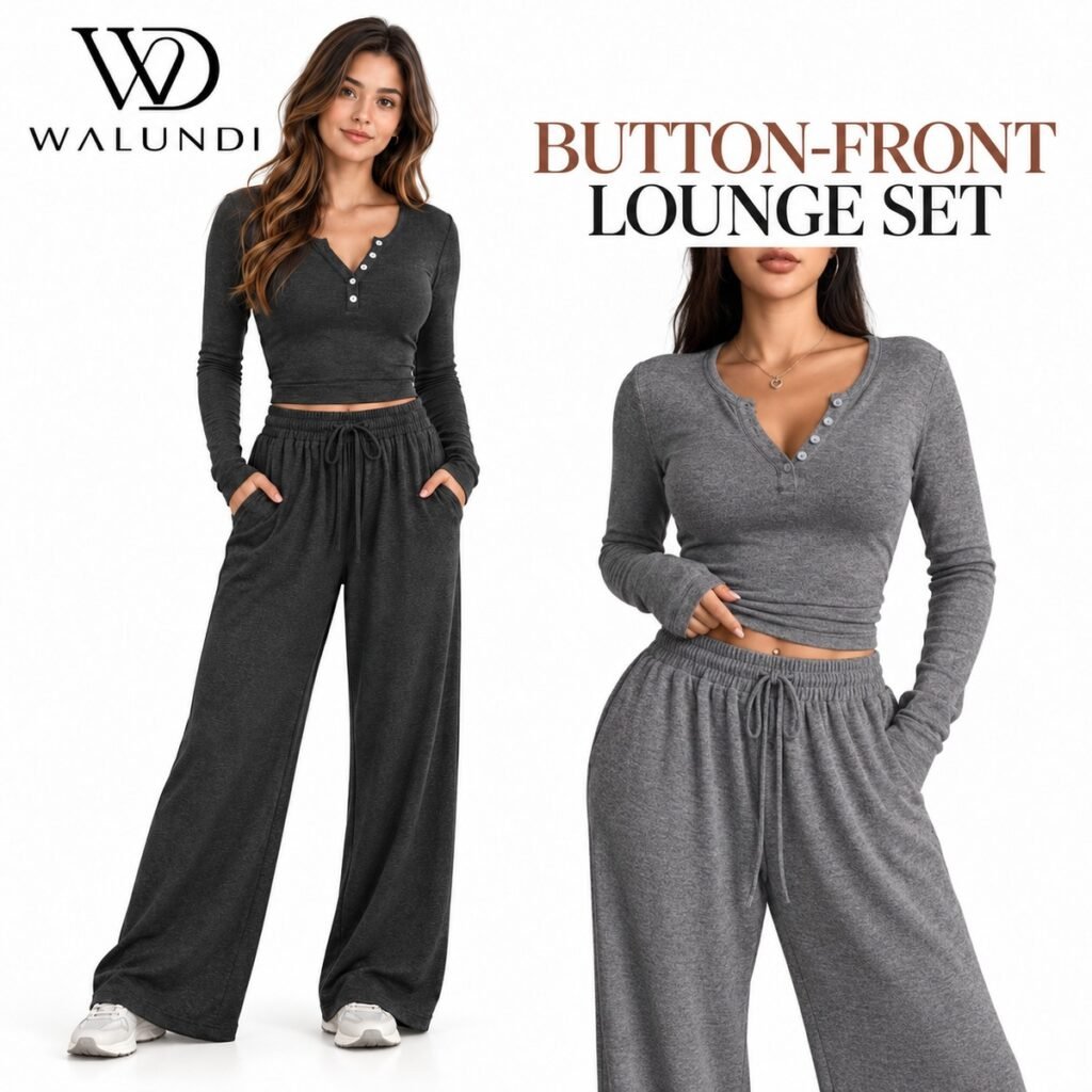Fitted V Neck Button Front Long Sleeve Crop Top Wide Leg Pants 2 Piece Set Custom Logo Low MOQ Fitness Wear