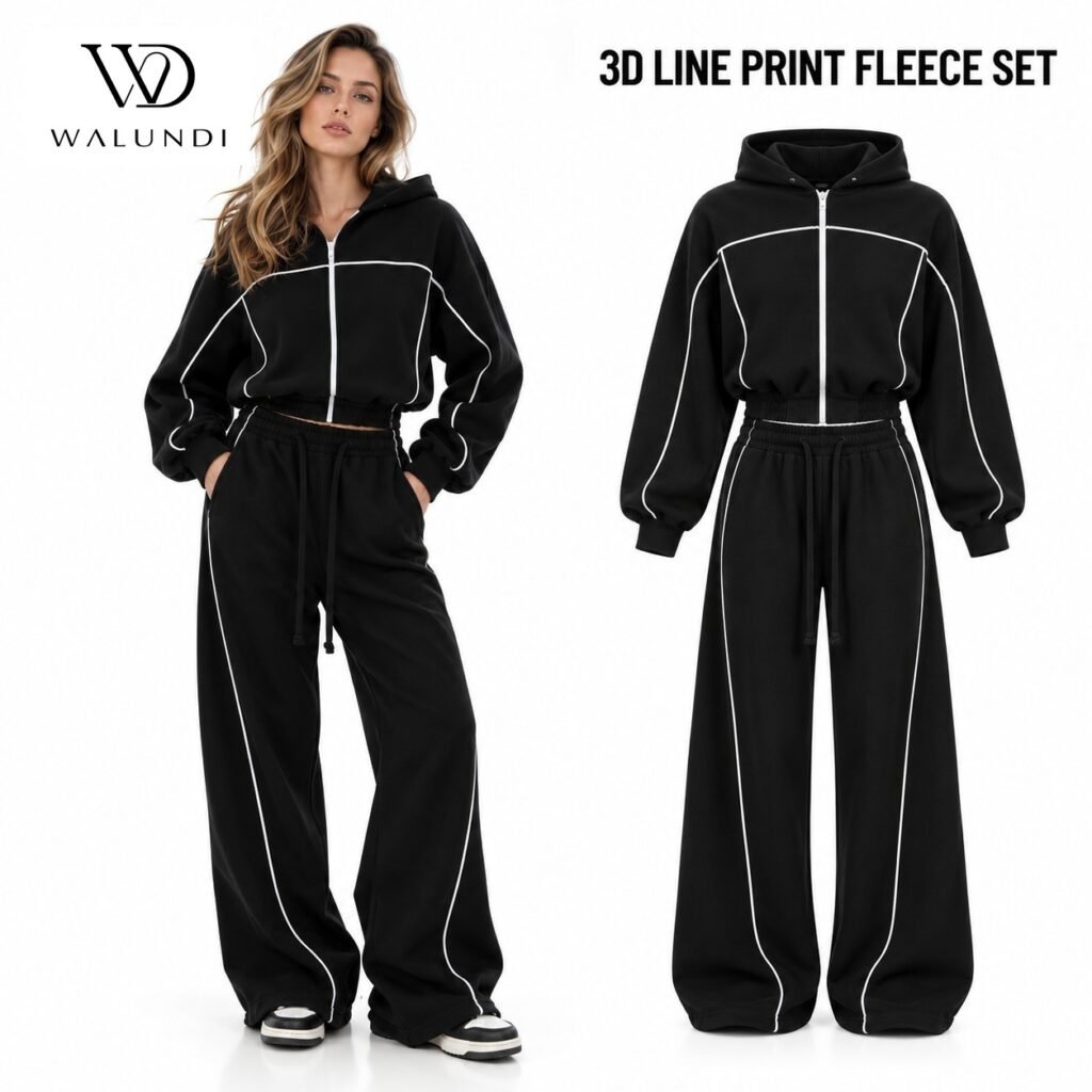 Contrast Piping Zip Front Long Sleeve 2 Piece Set Fitted Waist Wide Leg Activewear Custom Logo Low MOQ Fitness Wear