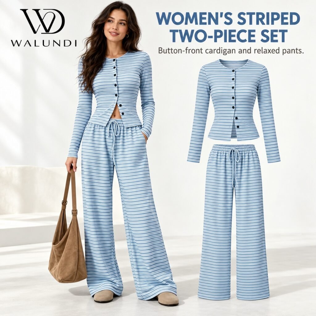Striped Fitted Long Sleeve Button Cardigan Straight Leg Pants 2 Piece Casual Set Custom Logo Low MOQ Fitness Wear