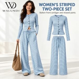 Striped Fitted Long Sleeve Button Cardigan Straight Leg Pants 2 Piece Casual Set Custom Logo Low MOQ Fitness Wear