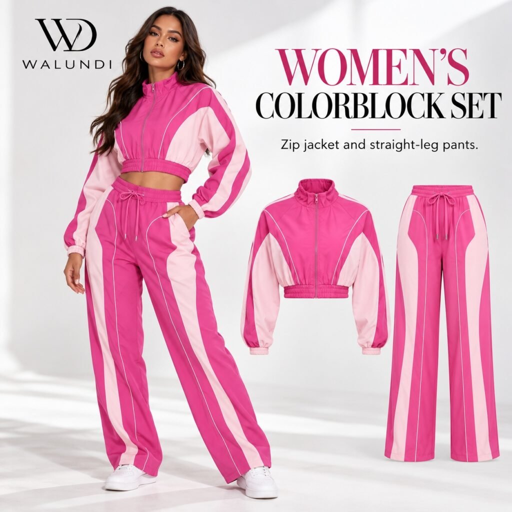 Color Block Cropped Zip Track Jacket Drawstring Waist Straight Leg Pants 2 Piece Set Custom Logo Low MOQ Fitness Wear