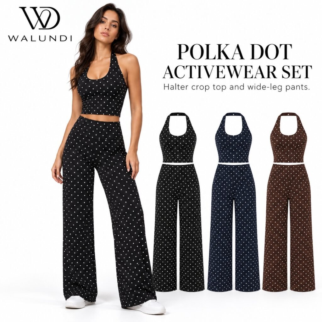 Polka Dot Polyester Spandex Deep V Crop Top Wide Leg Pants 2 Piece Yoga Set High Stretch Sculpted Fitness Custom Logo Low MOQ