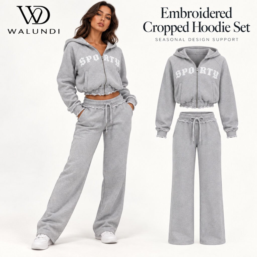 Letter Embroidered Cropped Hooded Zip up Sweatshirt Wide Leg Pants 2 Piece Casual Set Custom Logo Low MOQ Fitness Wear