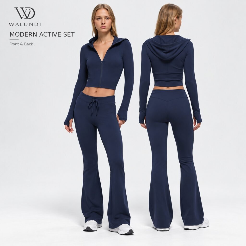 2 Piece Yoga Set Cropped Hooded Shirt Bootcut Yoga Pants Custom Logo Private Label Fitness Wear