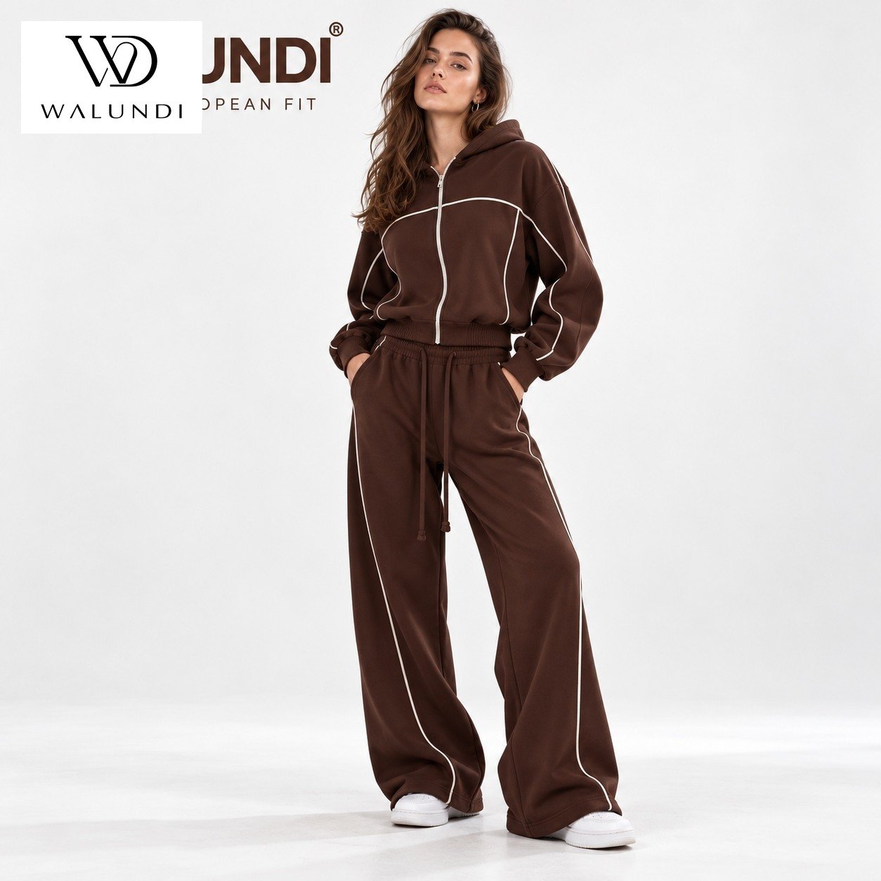 Contrast Piping Zip Front Long Sleeve 2 Piece Set Fitted Waist Wide Leg Activewear Custom Logo Low MOQ Fitness Wear - Image 2