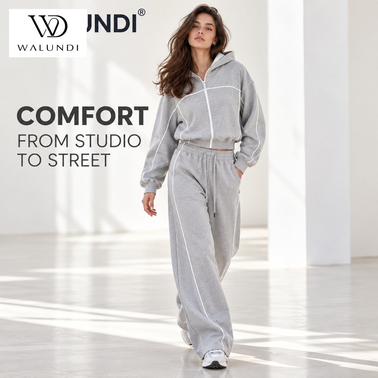Contrast Piping Zip Front Long Sleeve 2 Piece Set Fitted Waist Wide Leg Activewear Custom Logo Low MOQ Fitness Wear - Image 3