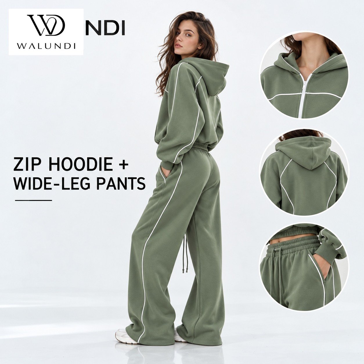 Contrast Piping Zip Front Long Sleeve 2 Piece Set Fitted Waist Wide Leg Activewear Custom Logo Low MOQ Fitness Wear - Image 4