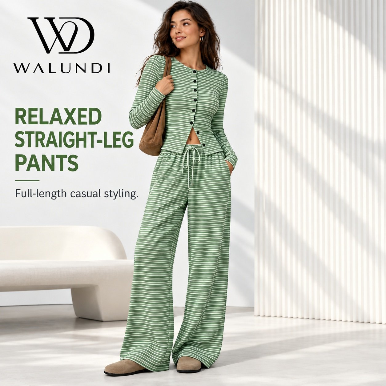 Striped Fitted Long Sleeve Button Cardigan Straight Leg Pants 2 Piece Casual Set Custom Logo Low MOQ Fitness Wear - Image 5