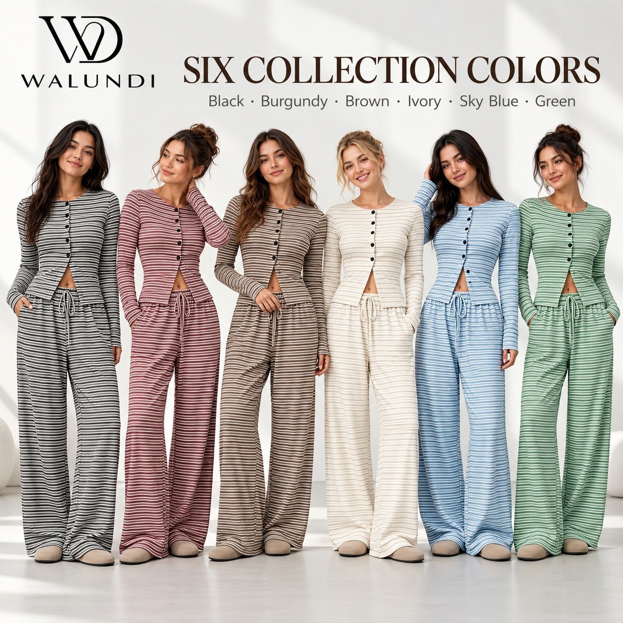 Striped Fitted Long Sleeve Button Cardigan Straight Leg Pants 2 Piece Casual Set Custom Logo Low MOQ Fitness Wear - Image 4