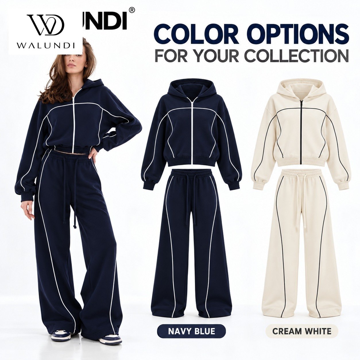 Contrast Piping Zip Front Long Sleeve 2 Piece Set Fitted Waist Wide Leg Activewear Custom Logo Low MOQ Fitness Wear - Image 6