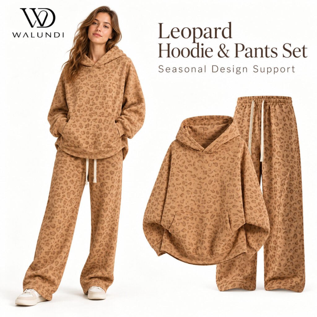 Leopard Print Hooded Pullover Sweatshirt Drawstring Pants 2 Piece Pilates Yoga Set Ready to Ship Multi Color Wholesale