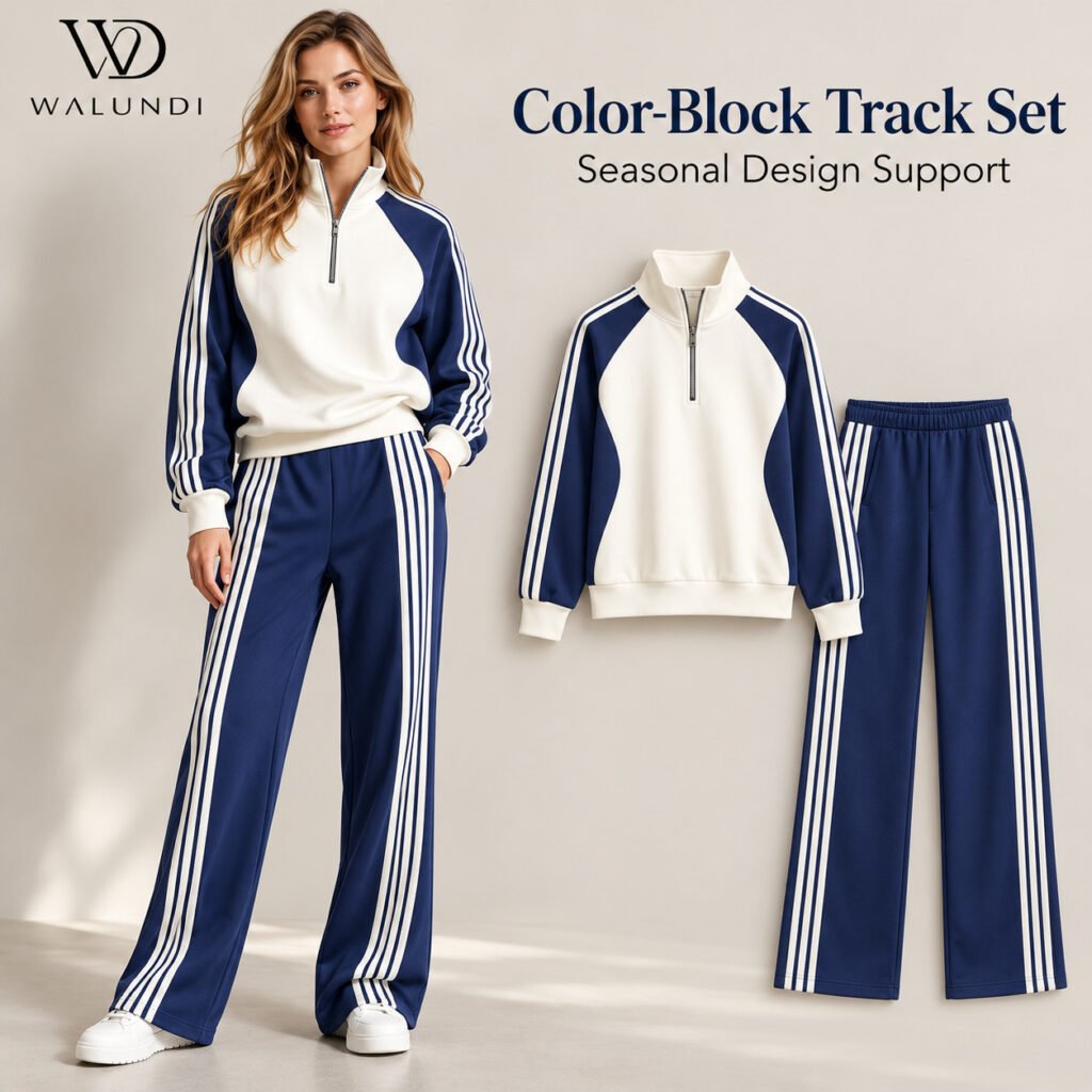 Striped Stand Collar Half Zip Long Sleeve Sweatshirt Wide Leg Pants 2 Piece Set Ready to Ship Multi Color Wholesale