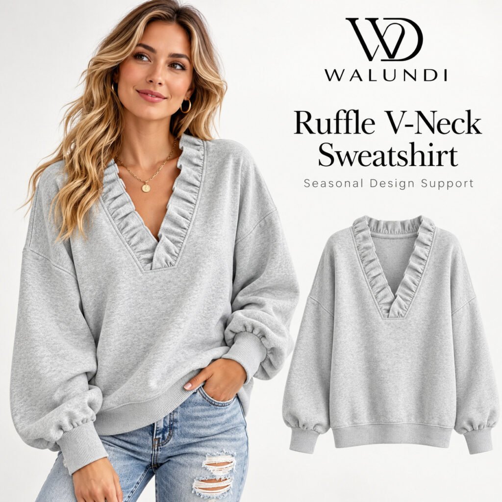 Ruffle V Neck Pullover Sweatshirt Long Sleeve Loose Casual Top Ready to Ship Multi Color Wholesale