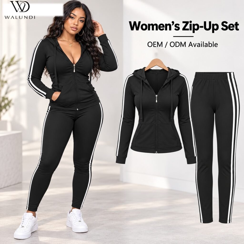 Hooded Zip Long Sleeve Top Contrast Stripe Slim Pants 2 Piece Tracksuit Set Custom logo low moq fitness wear
